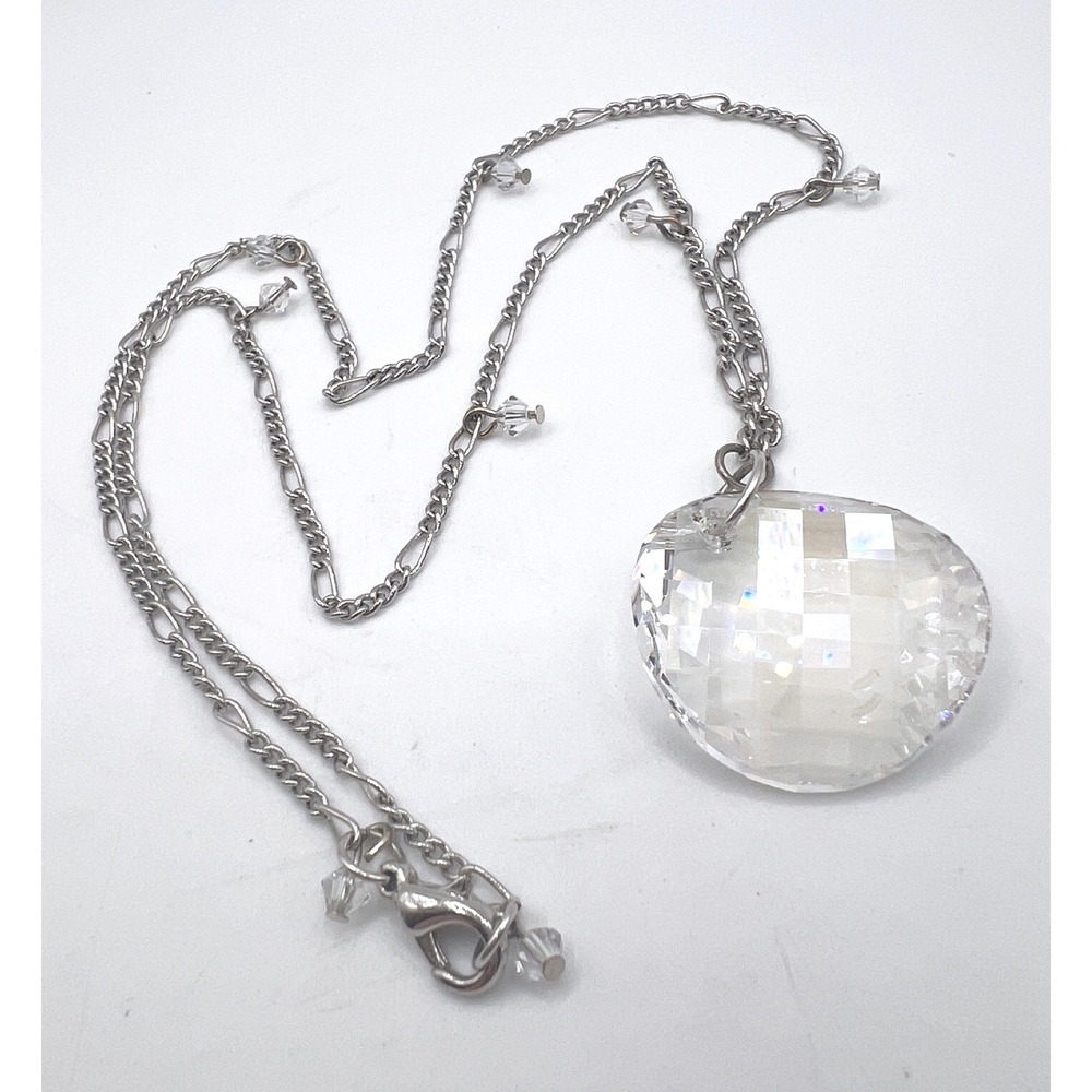 22" Silver Tone Crystal Accent Chain Necklace w Curved Faceted Pendant
